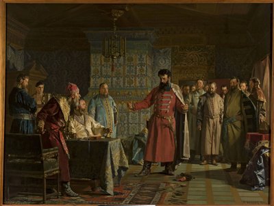 La disputa de Zakhary Petrovich Lyapunov con el zar Vasili Shuisky en el Kremlin de Nikolai Vasilievich Nevrev
