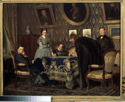 La sala. Personajes que parecían avergonzados y avergonzados se reunieron alrededor de una mesa en un interior burgués. Pintura de Nikolai Vasilyevich Nevrev (1830-1904) de Nikolai Vasilievich Nevrev