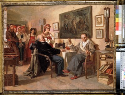 El mercado de los siervos. (El Mercado. La venta de siervos) La servidumbre en Rusia: Un comprador y un comerciante negocian el precio de compra de una mujer en una venta de siervos. Pintura de Nikolai Vasilyevich Nevrev (1830-1904) de Nikolai Vasilievich Nevrev