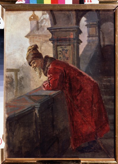 Un boyardo (boiard, boiar) con traje tradicional a fines del siglo XVI y principios del siglo XVII Rusia (Boyar on the Porch) - Pintura de Nikolai Vasilyevich Nevrev (1830-1904) - Óleo sobre lienzo - Museo de Arte Estatal Regional I Pozhalostin, Ryazan de Nikolai Vasilievich Nevrev