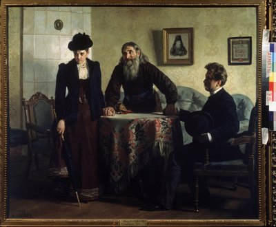 Una protesta (una amonestación). Una pareja en crisis matrimonial visita a un sacerdote ortodoxo y recibe una lección de conducta moral. Pintura de Nikolai Vasilyevich Nevrev (1830-1904), óleo sobre lienzo de Nikolai Vasilievich Nevrev
