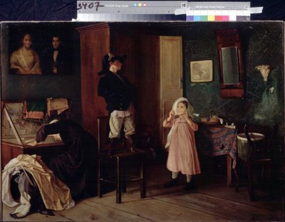 El frac del abuelo. Una escena de la vida familiar, los niños se divierten disfrazándose con ropa vieja, que su niñera saca de un gran baúl. Pintura de Nikolai Yakovlevich Gribkov (mediados del siglo XIX), óleo sobre lienzo de Nikolai Yakovlevich Gribkov