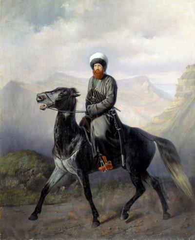 Portrait equestre de Chamil (Imam Chamil, Shamil) (1797-1871), chef des tribus musulmanes du Caucase nord (Retrato del líder político y religioso de las tribus musulmanas del Cáucaso Norte Imam Shamil ) - Peinture de Nikolai Yegorovich Sverchov de Nikolai Yegorovich Sverchov