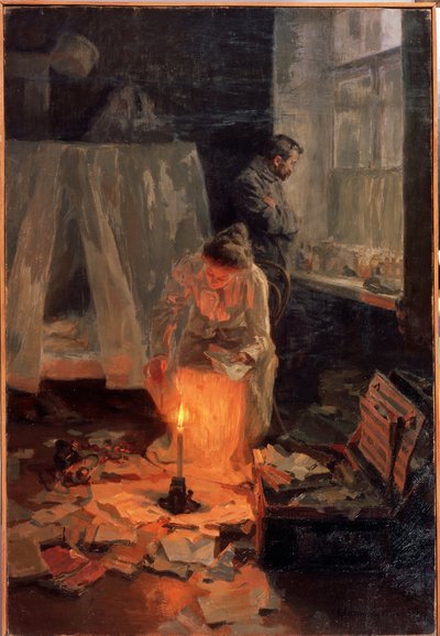 La disolución. En un interior desordenado, una pareja, la mujer quema documentos en la llama de la vela, mientras el hombre se para frente a la ventana mirando pensativo. Pintura de Nikolai Alexeyevich Kasatkin (Kasatkin) (1859-1930), de Nikolaj Alekseevich Kasatkin