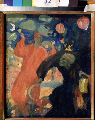 En memoria de Nikolai Sapunov (Sapunov) (1880-1912) La muerte personificada se inclina y huye ante una figura sonriente de la vida, agitando maracas. Obra de Nicholas (Nikolai) Dimitrievich Millioti (1874-1962), óleo sobre cartón de Nikolaj Nikolaevic Sapunov