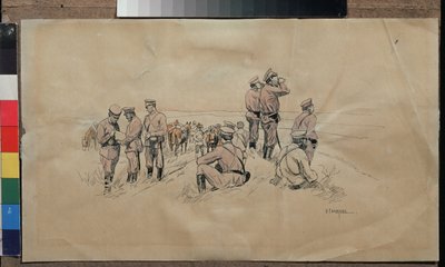 Resto de una unidad de caballería. Obra de Nikolai Semiónovich Samokish (1860-1944), acuarela y tinta sobre papel, ca. 1915. Arte ruso, siglo XX. Museo Estatal de Arte Unido, Kostroma (Rusia). de Nikolaj Semenovic Samokis