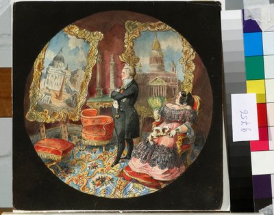 El arquitecto Auguste Ricard de Montferrand (1786-1858) y su mujer en el salón de su casa, contemplando con orgullo cuadros que representan algunas de sus obras - Dibujo de Nicolas Benois (1813-1898) de Nikolay Benois