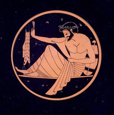 Copa de figuras rojas del Ática, que representa a un banquete con cuerno para beber, 520-510 a.C. de Nikosthenes