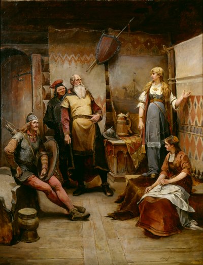 Un mensajero de cortejo del vikingo Harald Harfagre a Gyda (óleo sobre lienzo) de Nils Bergslien