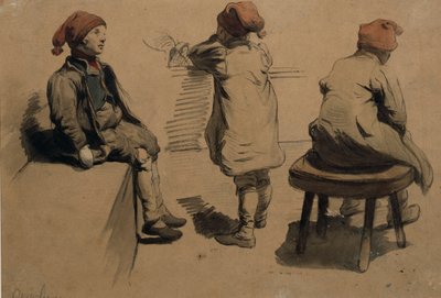 Chicos con capuchas de duendecillo (acuarela sobre papel) de Nils Bergslien