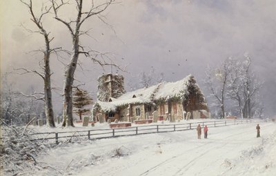 Escena de invierno con figuras en un camino cerca de una iglesia de Nils Hans Christiansen