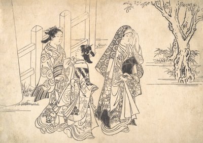 Una cortesana seguida por dos asistentes de Nishikawa Sukenobu