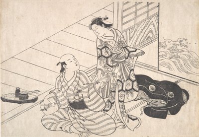 Dama Interrumpiendo a su Amante, quien está Tocando el Shamisen de Nishikawa Sukenobu