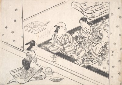Dama tocando el shamisen, con su amante y asistente cerca de Nishikawa Sukenobu