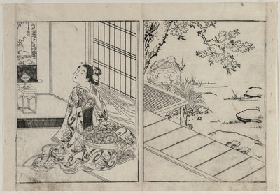 Mujer mirando un pergamino colgante, c. 1740s de Nishikawa Sukenobu
