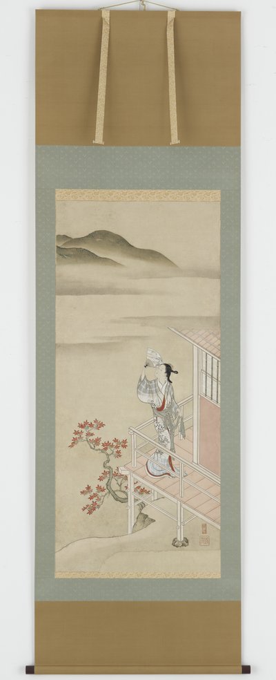 Joven mujer con un abanico en una veranda admirando arce, siglo XVII-XVIII de Nishikawa Sukenobu