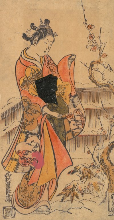 Una joven dama en un jardín de Nishimura Shigenaga