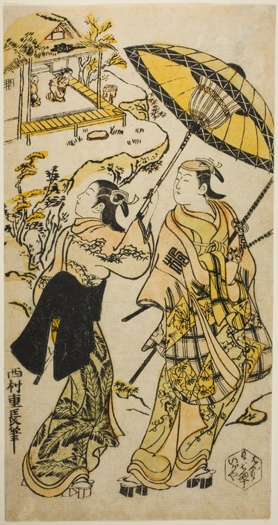 El retrato de actores en la cabaña Ogura de Nishimura Shigenaga