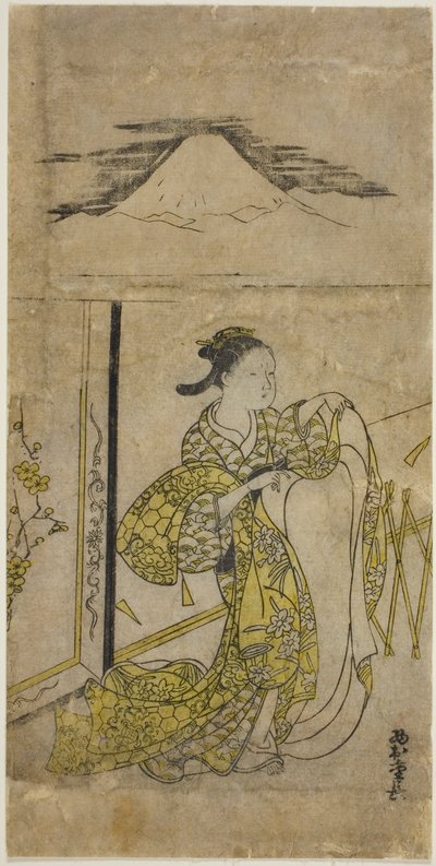 Mujer sosteniendo un kimono con el Monte Fuji arriba de Nishimura Shigenaga