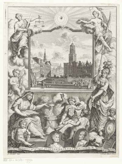 Stadsgezicht met Domkerk te Utrecht en allegorie met Utrechtse stedenmaagd Titelpagina voor: Elias de Vries, Dissertatio juridica, de jure naturale ac gentium, seu duobus prioribus juris fontibus, 1745. de Noach van der Meer (I)