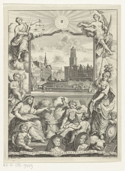 Stadsgezicht met Domkerk te Utrecht en allegorie met Utrechtse stedenmaagd Titelpagina voor: Elias de Vries, Dissertatio juridica, de jure naturale ac gentium, seu duobus prioribus juris fontibus, 1745. de Noach van der Meer (I)