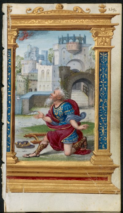 Hoja de un Libro de Horas: El Rey David en oración 2 de 3 hojas excisadas, c. 1530-35 de Noel Bellemare