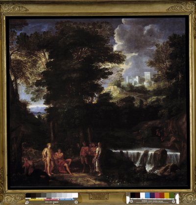 Marsias tocando la flauta ante Apolo y Midas. El sátiro desafía al dios Apolo, rey de la lira, ante el rey Midas y las Musas de Noël Coypel