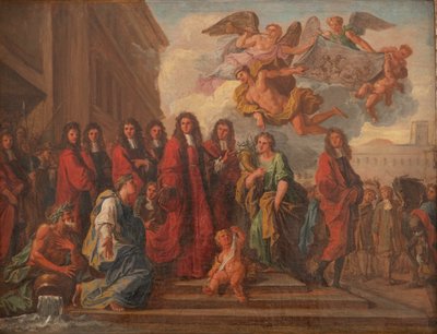 Los concejales de París salen del Hotel de Ville hacia Notre Dame para dar gracias tras la victoria de Seneffe en 1674, c.1681 (óleo sobre lienzo) de Noël Coypel