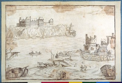Un castillo sobre acantilados, con estudios de galeones y barcos de pesca de Noel Gasselin