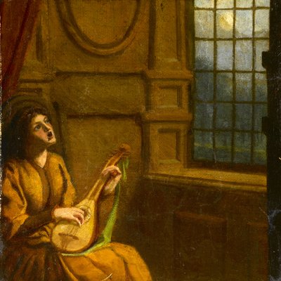 Joven tocando el laúd junto a la ventana, c.1920 (acuarela sobre papel) de Noel Rooke