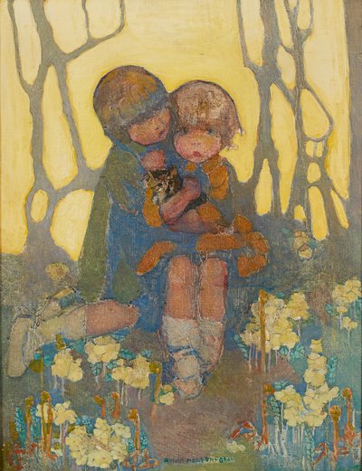 Hermanas con un gatito (óleo sobre lienzo) de Norah Neilsen Gray
