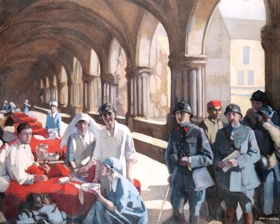 En el claustro de la Abadía de Royaumont. La Dra. Frances Ivens inspeccionando a un paciente francés de Norah Neilson Gray