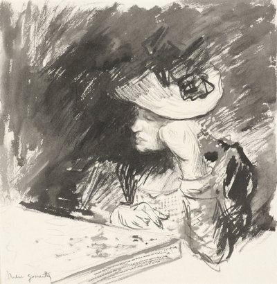 La dama con sombrero de paja se sienta pensativa en una mesa de Norbert Goeneutte