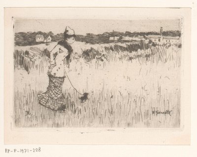 Señora que camina con el perro en un paisaje de Norbert Goeneutte