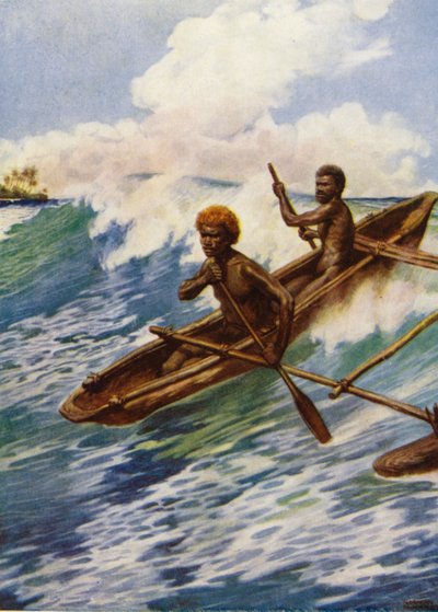 Un "Dug-Out" con Outriggers (litografia en color) de Norman Hardy