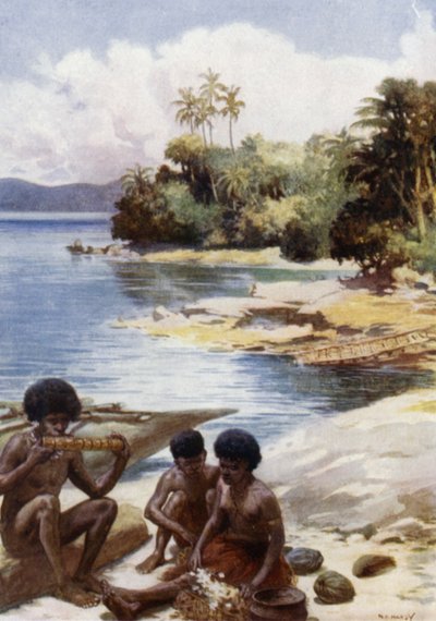 Hora de la cena en Kwato, Nueva Guinea Británica de Norman Hardy