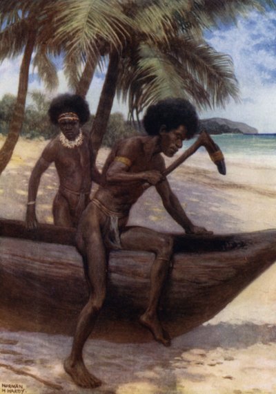 Terminando una canoa, Nueva Guinea Británica de Norman Hardy