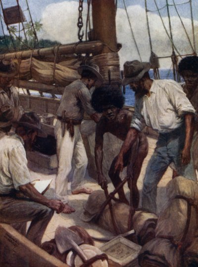Mineros de oro dejando un barco comercial, Nueva Guinea Británica de Norman Hardy