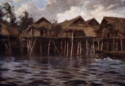 Pueblo Motu desde el mar (litografía en color) de Norman Hardy