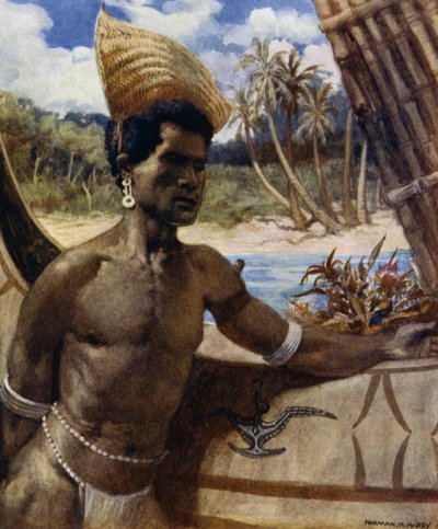 Nativo de Nueva Georgia con Sombrilla; una especie de sombrero sin corona hecho de hierbas, se puede usar en cualquier ángulo de Norman Hardy