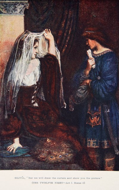 Pero correremos las cortinas y os mostraremos el cuadro", Noche de Reyes, Acto I Escena 5, ilustración de "Tales from Shakespeare" de Charles y Mary Lamb de Norman Mills (after) Price