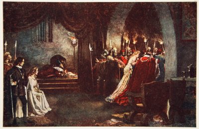 "¡Denme un poco de luz! Hamlet, Príncipe de Dinamarca, Acto III Escena 2, ilustración de "Tales from Shakespeare" de Charles y Mary Lamb de Norman Mills (after) Price