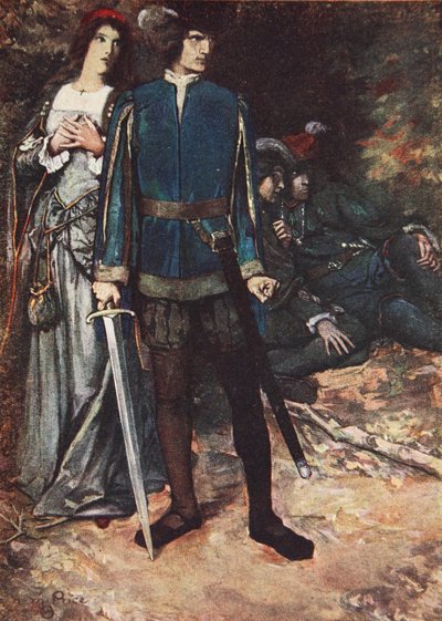 "Te desafío a que respires sobre mi amor", Dos caballeros de Verona, Acto V Escena 4, ilustración de "Tales from Shakespeare" de Charles y Mary Lamb de Norman Mills (after) Price