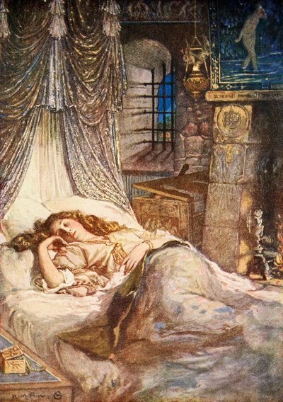 Cámara de la cama de Imogen, Cymbeline, Acto II Escena 2, ilustración de "Tales from Shakespeare" de Charles y Mary Lamb de Norman Mills (after) Price