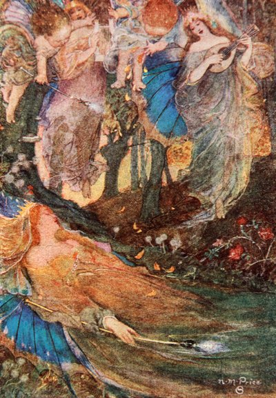 Titania duerme, Sueño de una noche de verano, Acto II Escena 2, ilustración de "Tales from Shakespeare" de Charles y Mary Lamb de Norman Mills (after) Price