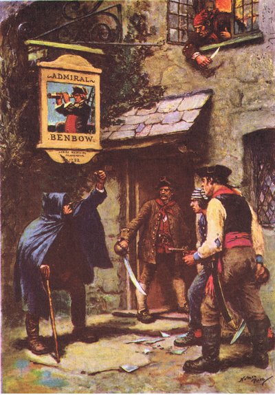 Un hombre asomado a la luz de la luna, de La isla del tesoro publicada por MacDonald 1947 (litografía en color) de Norman Mills Price