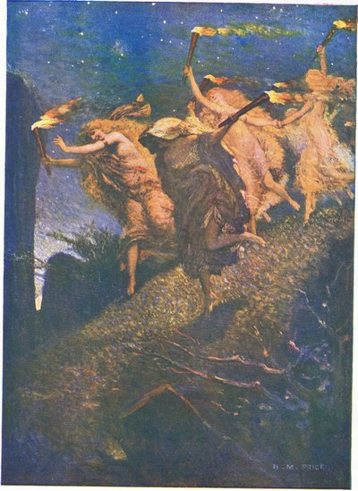 Primera Noche de Walpurgis: "A través de la penumbra guiar y seguir, dentro y fuera de cada hueco rocoso" (litografía en color) de Norman Mills Price