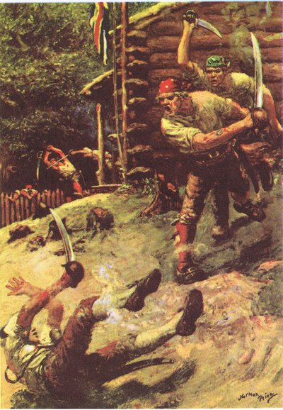 I stumbled and rolled headlong, de La isla del tesoro publicada por MacDonald 1947 (litografía en color) de Norman Mills Price