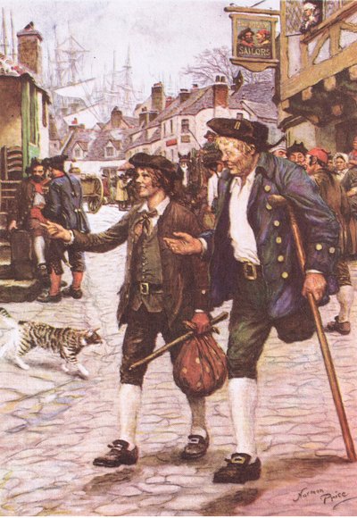 Jim y Long John Silver en Bristol, de La isla del tesoro, publicada por MacDonald en 1947 (litografía en color) de Norman Mills Price