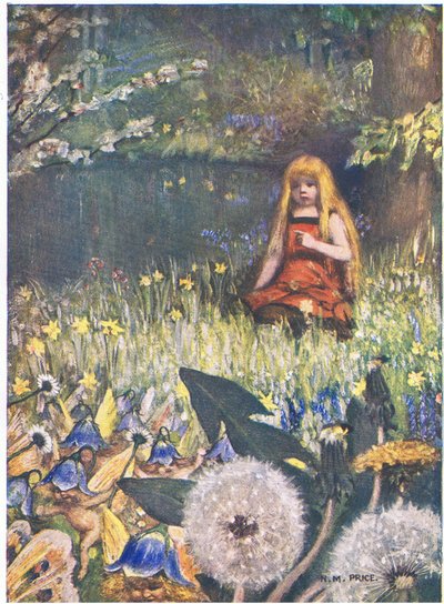 Las campanas de mayo y las flores: "Ahora sé que puedo quedarme más en casa, las campanas de mayo me llaman así (litografía en color) de Norman Mills Price